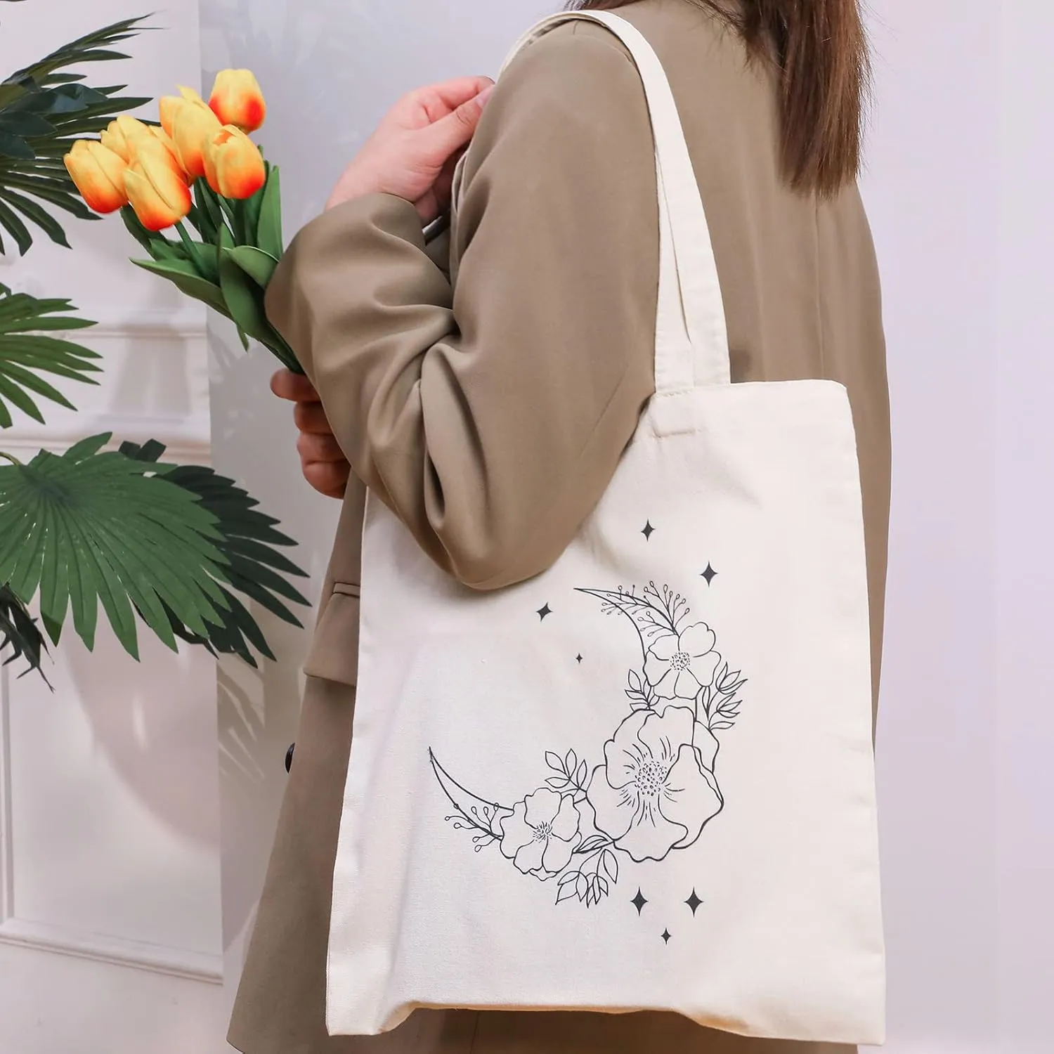 Reginary 4 Pcs Canvas Tote Bag for Women Canvas Shopping Totes Aesthetic Reusable Grocery Bags Gifts(Wildflower)