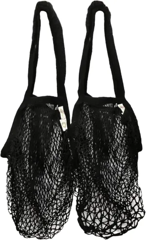 Reusable Grocery Net Bags - Washable Organic Cotton GOTS-Certified - Mesh Sack For Produce - 2 Pack - Vegetable Fabric Market Tote - Black Color, Long Handles - Zero Waste