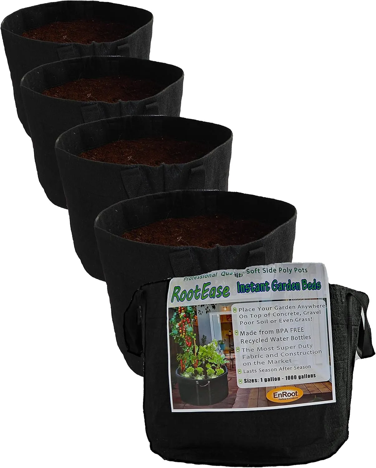 RootEase 5-Pack Garden Planting Aeration Fabric Pot, Heavy Duty Durable Fabric Grow Bag / Planter, Raised Bed Gardening, Best Air Pruning Root Treatment Eco-Friendly Grow Bags with Handles
