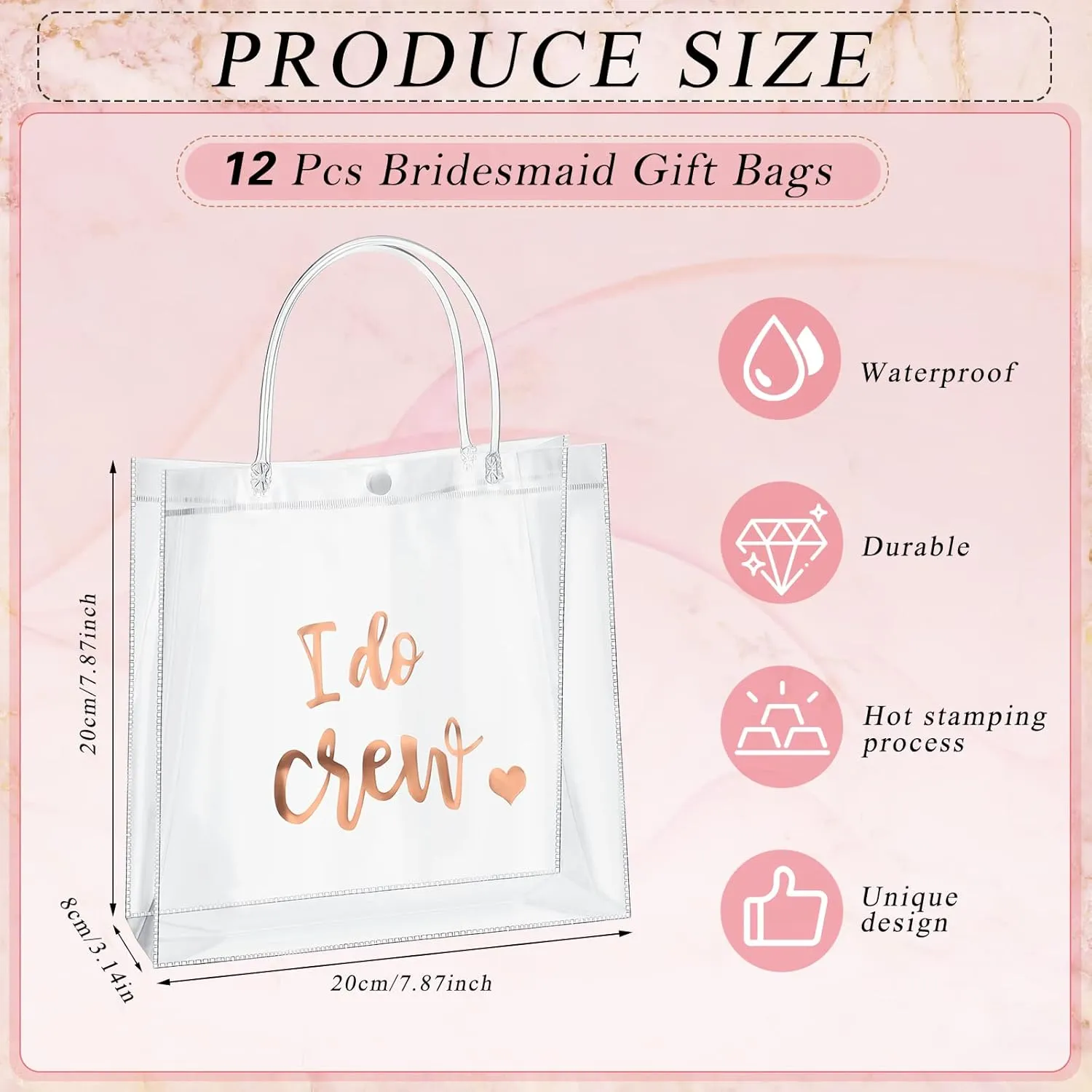 Sabary 12 Bridesmaid Gift Bags I Do Crew Bachelorette Plastic Clear Gift Bags with Handles for Wedding Party Favor Bridesmaids Team Bride Shower (Rose Gold, 7.87 x 3.15 x 7.87 Inch)