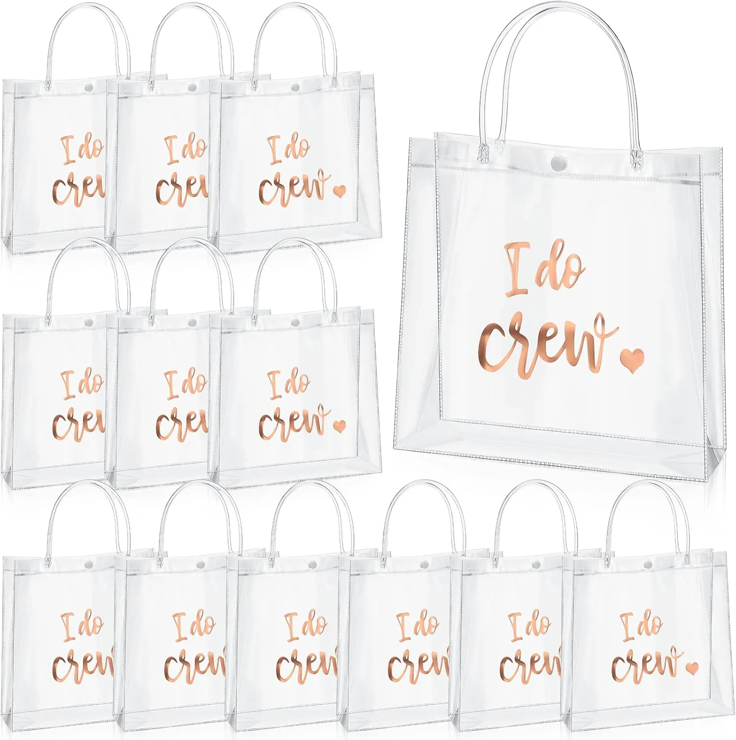 Sabary 12 Bridesmaid Gift Bags I Do Crew Bachelorette Plastic Clear Gift Bags with Handles for Wedding Party Favor Bridesmaids Team Bride Shower (Rose Gold, 7.87 x 3.15 x 7.87 Inch)