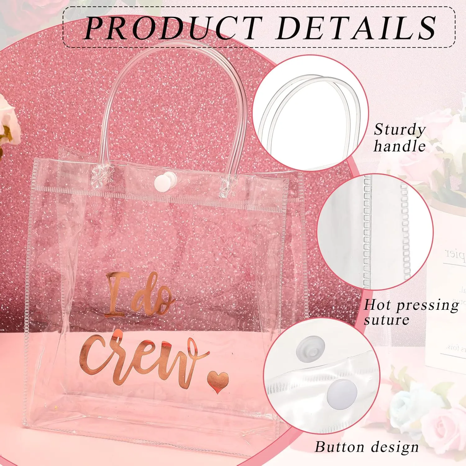 Sabary 12 Bridesmaid Gift Bags I Do Crew Bachelorette Plastic Clear Gift Bags with Handles for Wedding Party Favor Bridesmaids Team Bride Shower (Rose Gold, 7.87 x 3.15 x 7.87 Inch)