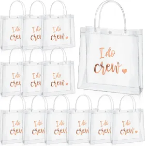 Sabary 12 Bridesmaid Gift Bags I Do Crew Bachelorette Plastic Clear Gift Bags with Handles for Wedding Party Favor Bridesmaids Team Bride Shower (Rose Gold, 7.87 x 3.15 x 7.87 Inch)