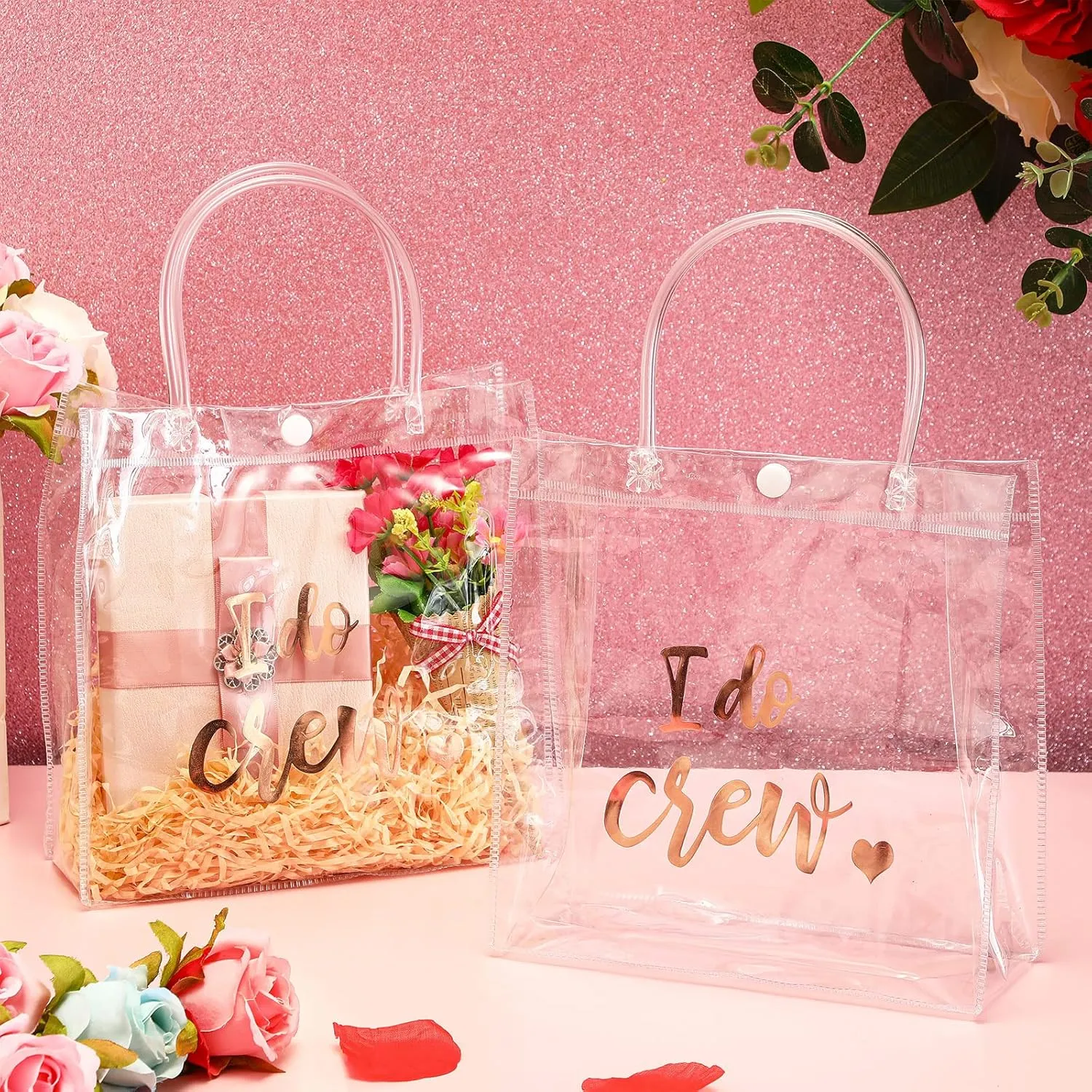 Sabary 12 Bridesmaid Gift Bags I Do Crew Bachelorette Plastic Clear Gift Bags with Handles for Wedding Party Favor Bridesmaids Team Bride Shower (Rose Gold, 7.87 x 3.15 x 7.87 Inch)