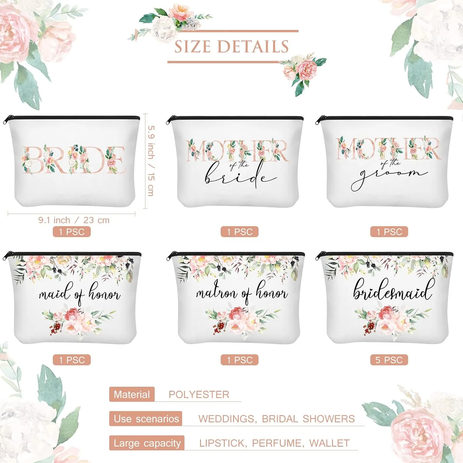 Saintrygo 10 Pcs Wedding Canvas Bags - Bridesmaid & Bride Gift Set - Printed Makeup Bags for Bridal Party & Shower(Floral)