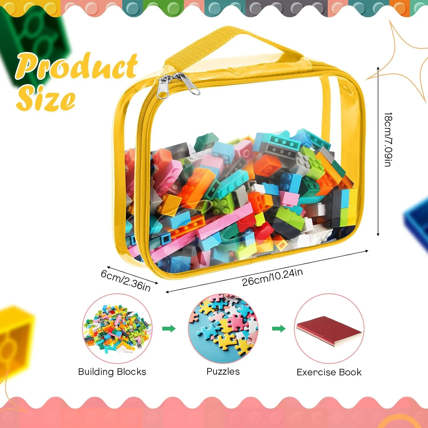 Sanwuta 3 Packs Toy Storage Bags with Zipper, Clear PVC Organizing Waterproof Toy Bags for Board Games, Building Blocks, and Kids Books(12.6 x 9 x 2.36 Inch,Pink)
