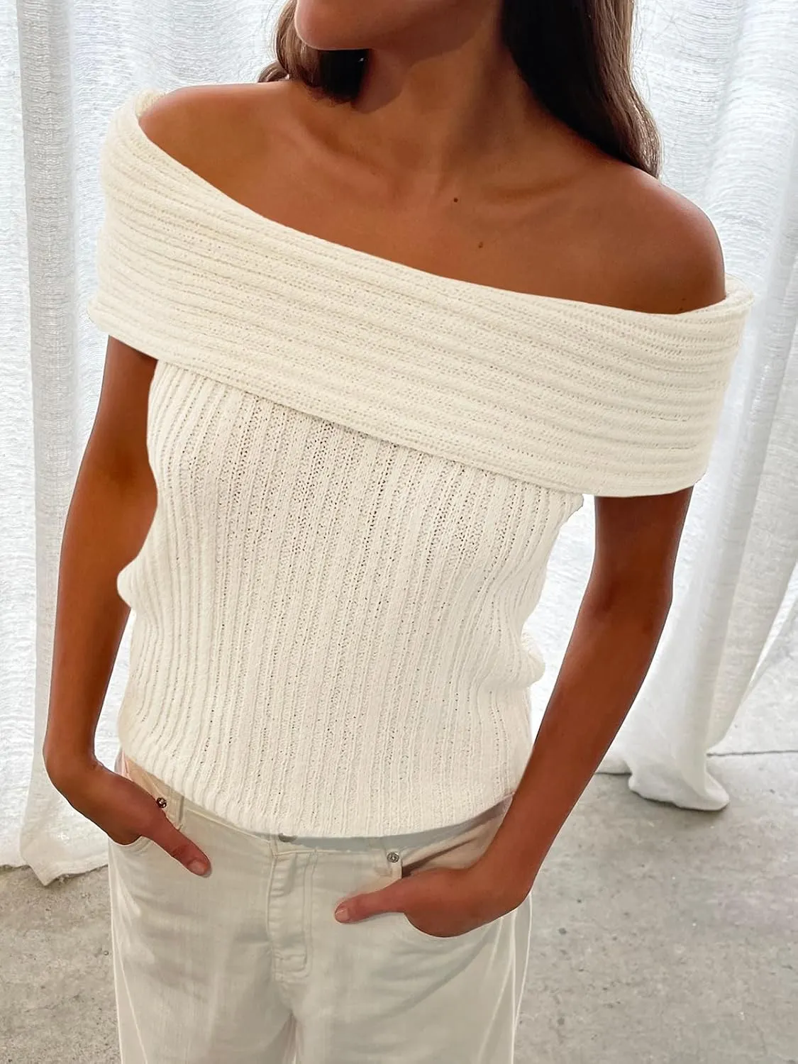 Saodimallsu Womens Off The Shoulder Sweater Tops Summer Sleeveless Strapless Ribbed Sexy Going Out Pullover Shirts