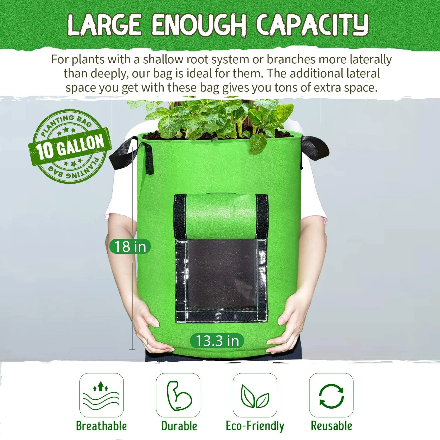 SCENGCLOS 6 Pack 10 Gallon Grow Bags, Sealed Window Planter Bags, Breathable Thickened Non-Woven Fabric Plant Pots with Access Flap, Garden Planting Bags for Grow Potato,Tomato,Carrot