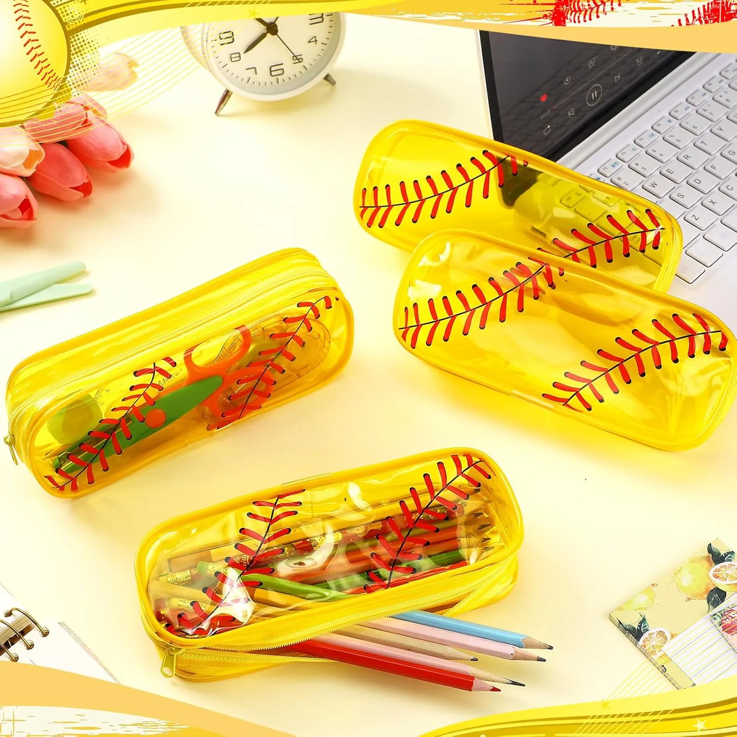Sherr 20 Pcs Softball PVC Pencil Bag Softball Clear Pencil Case with Zipper Bulk Sports Big Capacity Makeup Pouch Clear Travel Toiletry Bag for School Office Stationery Travel