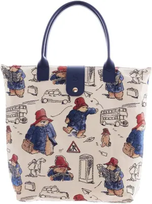 Signare Paddington Bear Tapestry Foldable Shopping Tote Bag, London Transport Design, Navy Blue Handles (Paddington Bear, FOLD-PADD), Beige