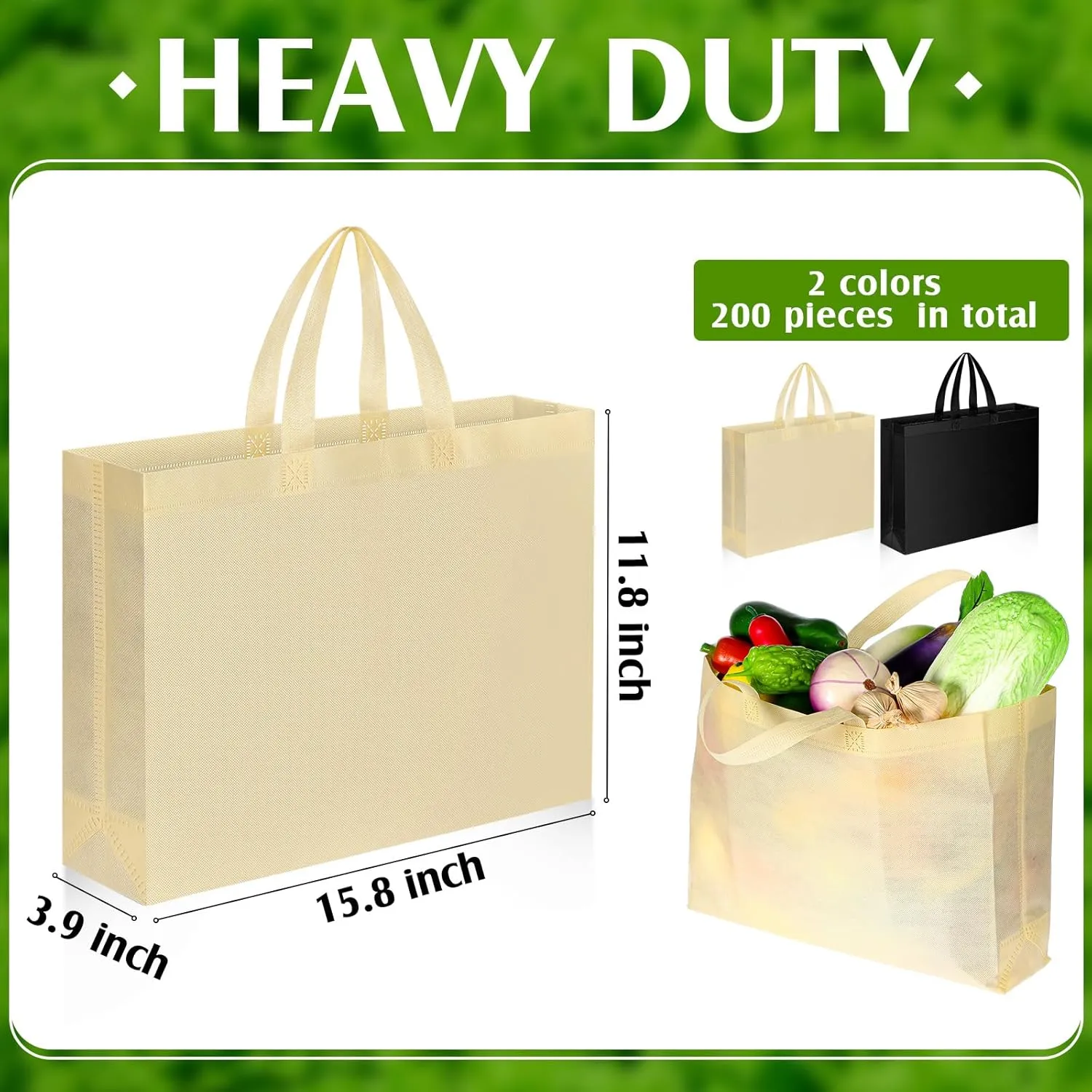 Silkfly 200 Pieces Non Woven Tote Bag Bulk Large Reusable Shopping Bag Gift Grocery Bags with Handles Fabric Blank Tote Bag