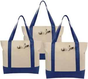 Simpli-Magic Stylish Canvas Tote Bag with an External Pocket, Top Zipper Closure, Daily Essentials, 3 Pack, 20" x 15" x 6", Blue/Natural