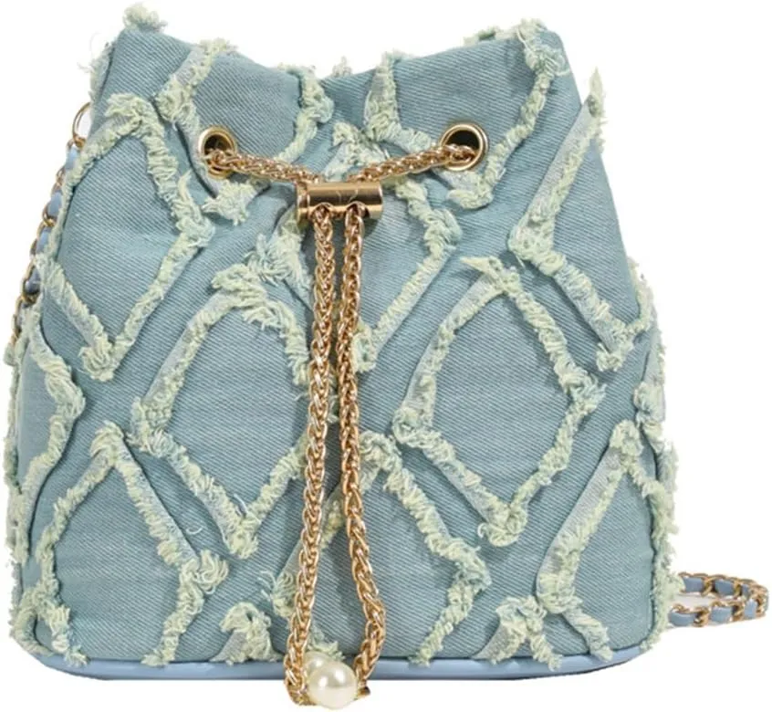 Small Denim Bucket Bag, Jean Purses for Women Denim Crossbody Bags Hobo Bag Drawstring Handbag