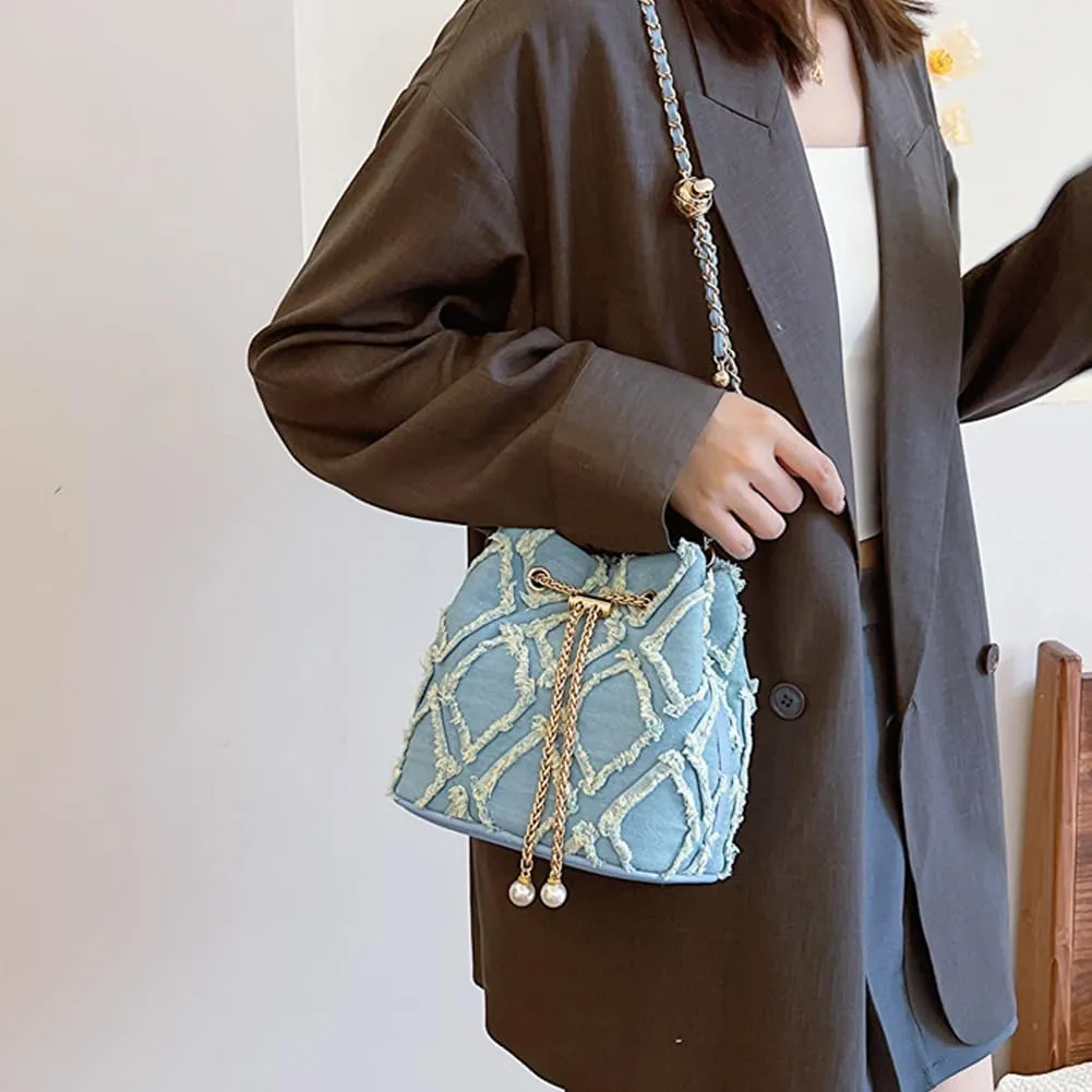 Small Denim Bucket Bag, Jean Purses for Women Denim Crossbody Bags Hobo Bag Drawstring Handbag