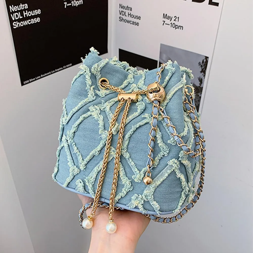 Small Denim Bucket Bag, Jean Purses for Women Denim Crossbody Bags Hobo Bag Drawstring Handbag
