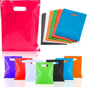Small Glossy Colored Plastic Bags with Die-cut Handles Assorted Colors - Pack of 50-8.75 x 12 Inch Grocery Sack for Retail, Donation Containers, Takeout Food, Party, Mailing Bags