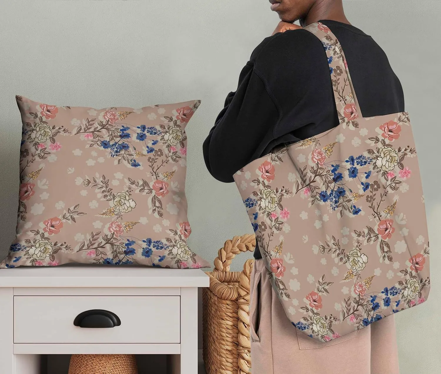 Soimoi Floral with Leaves Print - Orange, Canvas Fabric Material - 56 Inch Wide, 1 Yard, Unstitched Fabric for Upholstery, Bags, Workwear and Outdoor Gear.