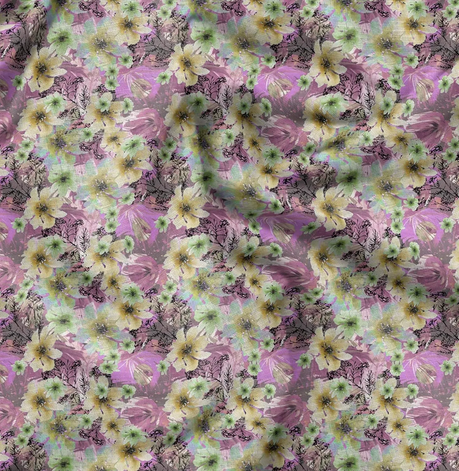 Soimoi Florals Print - Yellow, Canvas Fabric Material - 56 Inch Wide, 1 Yard, Unstitched Fabric for Upholstery, Bags, Workwear and Outdoor Gear.