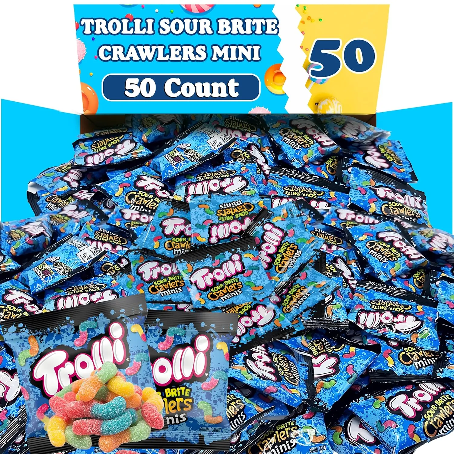SourBrite Crawlers Minis Candy Gummy Worms, 50 Count Individually Wrapped, Treat Size Pouches, Sour Gummy Worms Bulk, Assorted Flavors Gummy Worms Candy for Parties and Pinatas