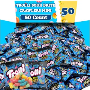 SourBrite Crawlers Minis Candy Gummy Worms, 50 Count Individually Wrapped, Treat Size Pouches, Sour Gummy Worms Bulk, Assorted Flavors Gummy Worms Candy for Parties and Pinatas