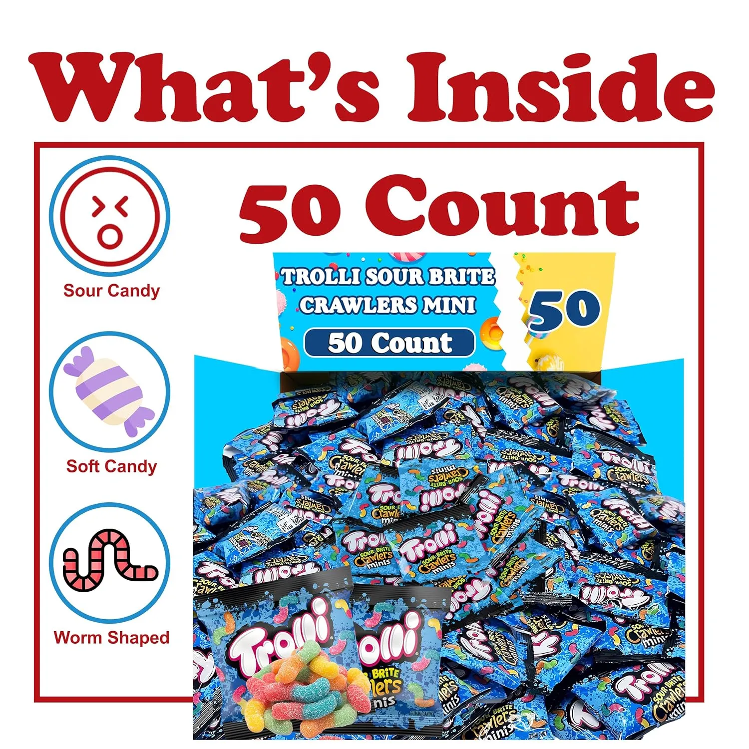 SourBrite Crawlers Minis Candy Gummy Worms, 50 Count Individually Wrapped, Treat Size Pouches, Sour Gummy Worms Bulk, Assorted Flavors Gummy Worms Candy for Parties and Pinatas