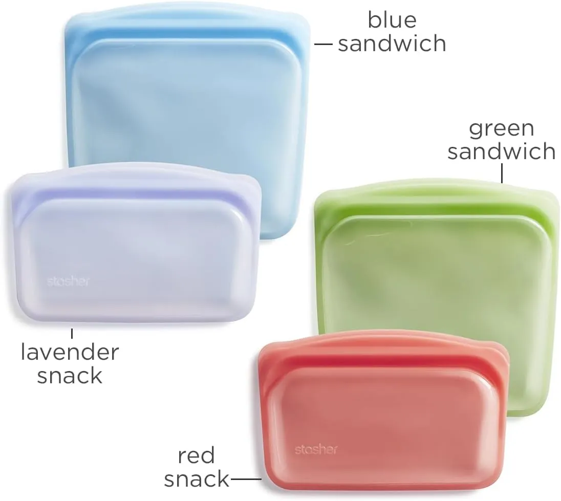 Stasher Premium Silicone Reusable Food Storage Bags, 4-Pack, Rainbow | Multi-Use Food Storage Bags, Lunch Bag, Travel Containers | BPA Free, Leak-free, Dishwasher-Safe, Eco-friendly
