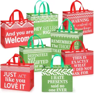 Talltalk 8 Pcs Christmas Funny Gift Bags Large Reusable Christmas Tote Bags with Handles for Holiday Xmas Party Supplies, 13''x9.8''x6.7''