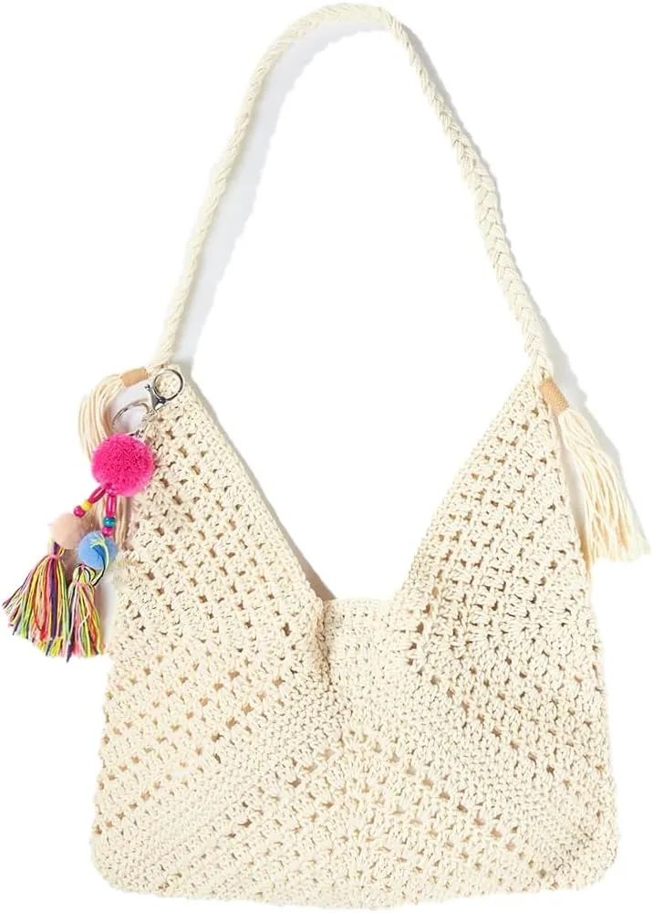 TANOSII Knitted Hand-Crocheted Tote Bag Cotton Thread Hollow Hobo Handbag Tassel Shoulder Bag Straw Woven Beach Bag for Women