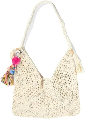 TANOSII Knitted Hand-Crocheted Tote Bag Cotton Thread Hollow Hobo Handbag Tassel Shoulder Bag Straw Woven Beach Bag for Women