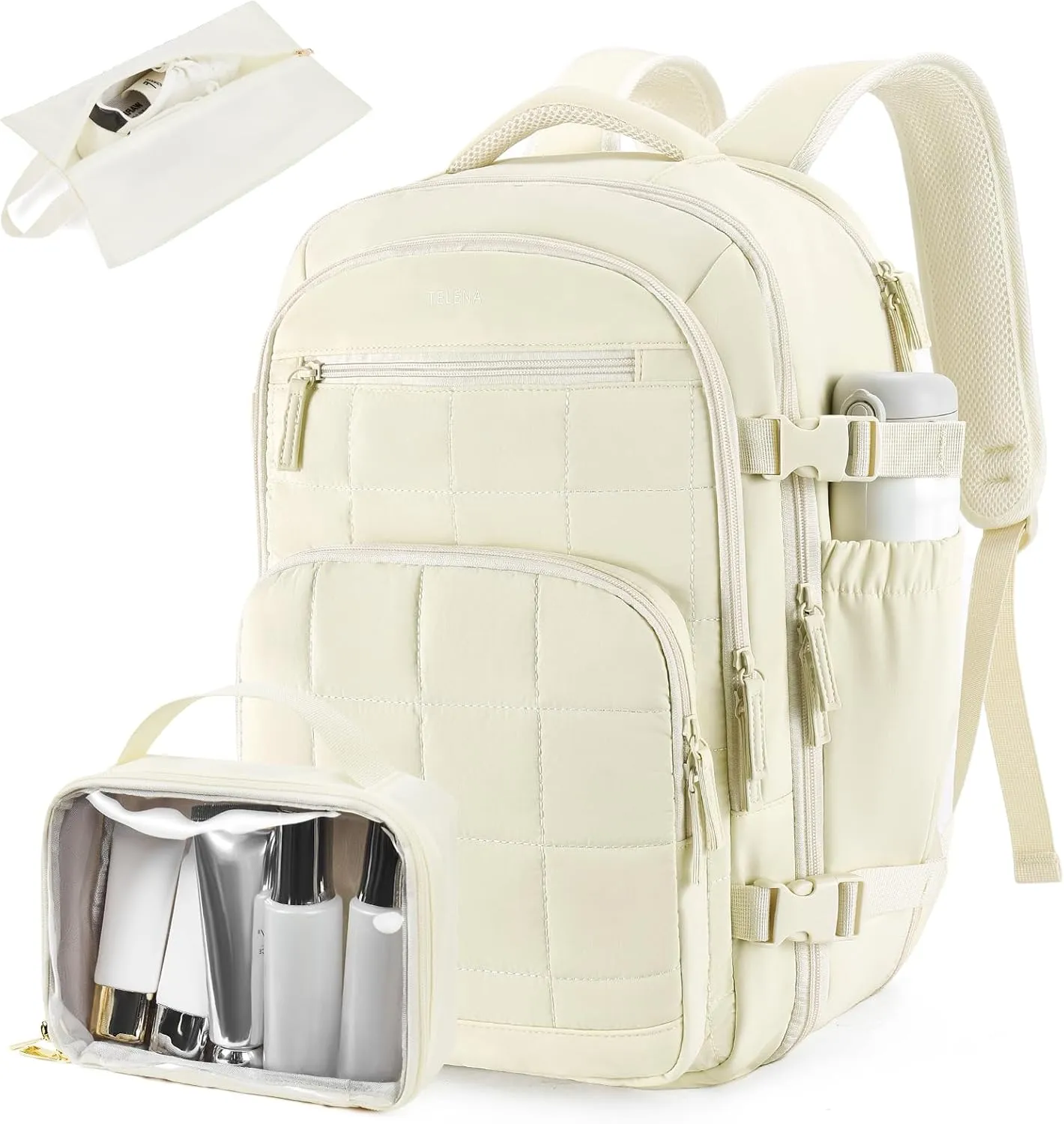 Telena Travel Backpack Carry on Flight Approved, 17.3 inch Laptop Quilted College Bookbag Personal Item Travel Bags for Women Beige