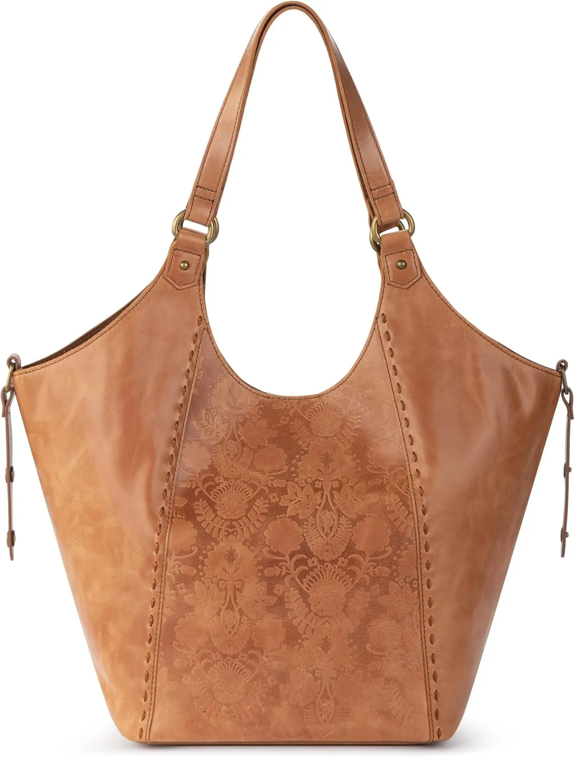 The Sak Roma Shopper in Leather, Double Leather Shoulder Straps, Tobacco Floral Emboss