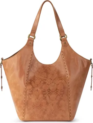 The Sak Roma Shopper in Leather, Double Leather Shoulder Straps, Tobacco Floral Emboss