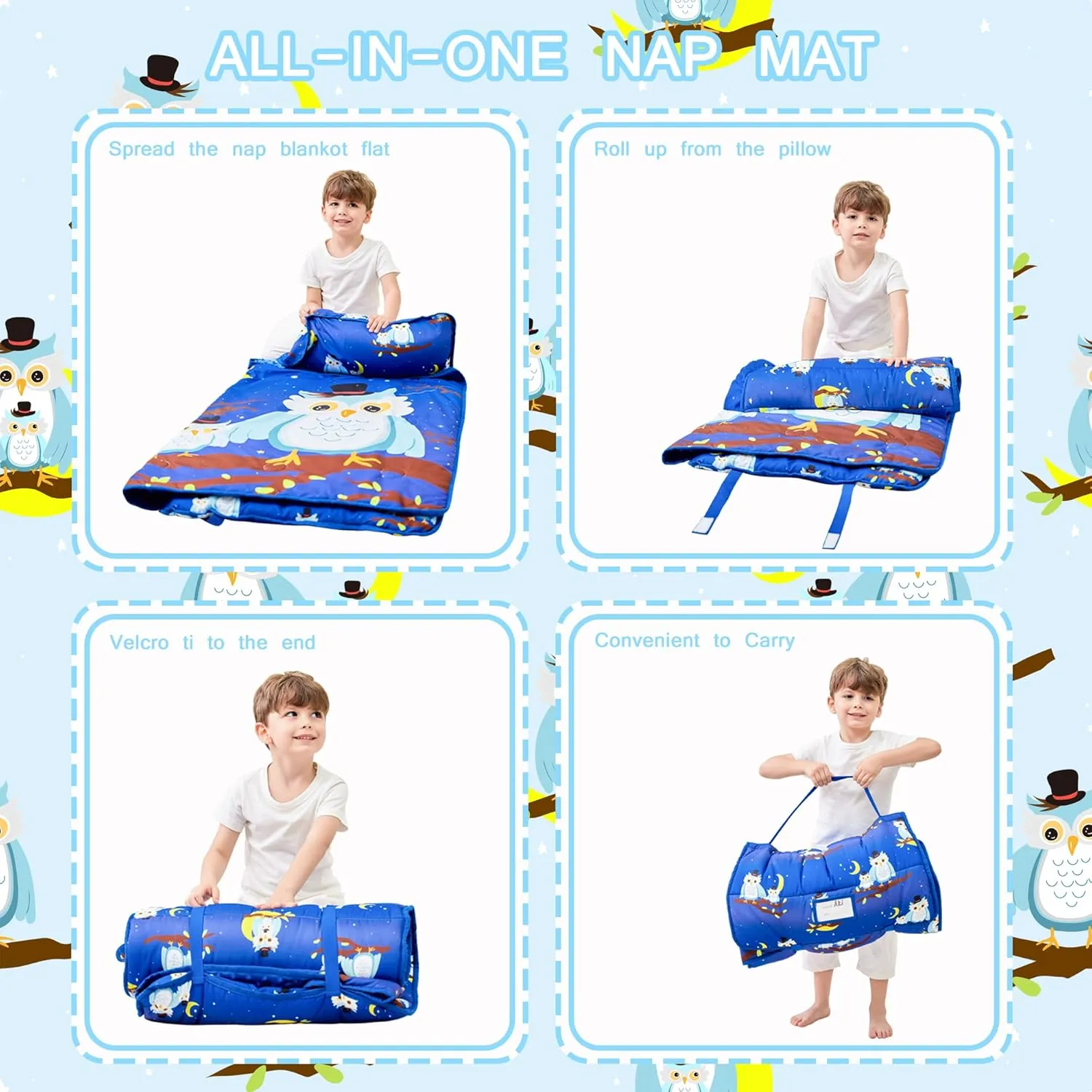 Toddler Nap Mat with Pillow and Blanket, Extra Large Rolled Napping Mats,Slumber Bags for Boys Girls,Kids Sleeping Bag for Daycare, Preschool Travel Camping