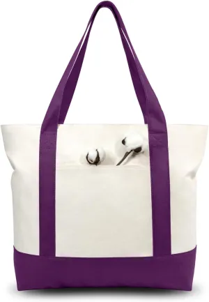 TOPDesign 1-Pack Canvas Tote Bag with an External Pocket, Reusable Grocery Shopping Bag, Top Zipper Closure, Daily Essentials (Purple/Natural)