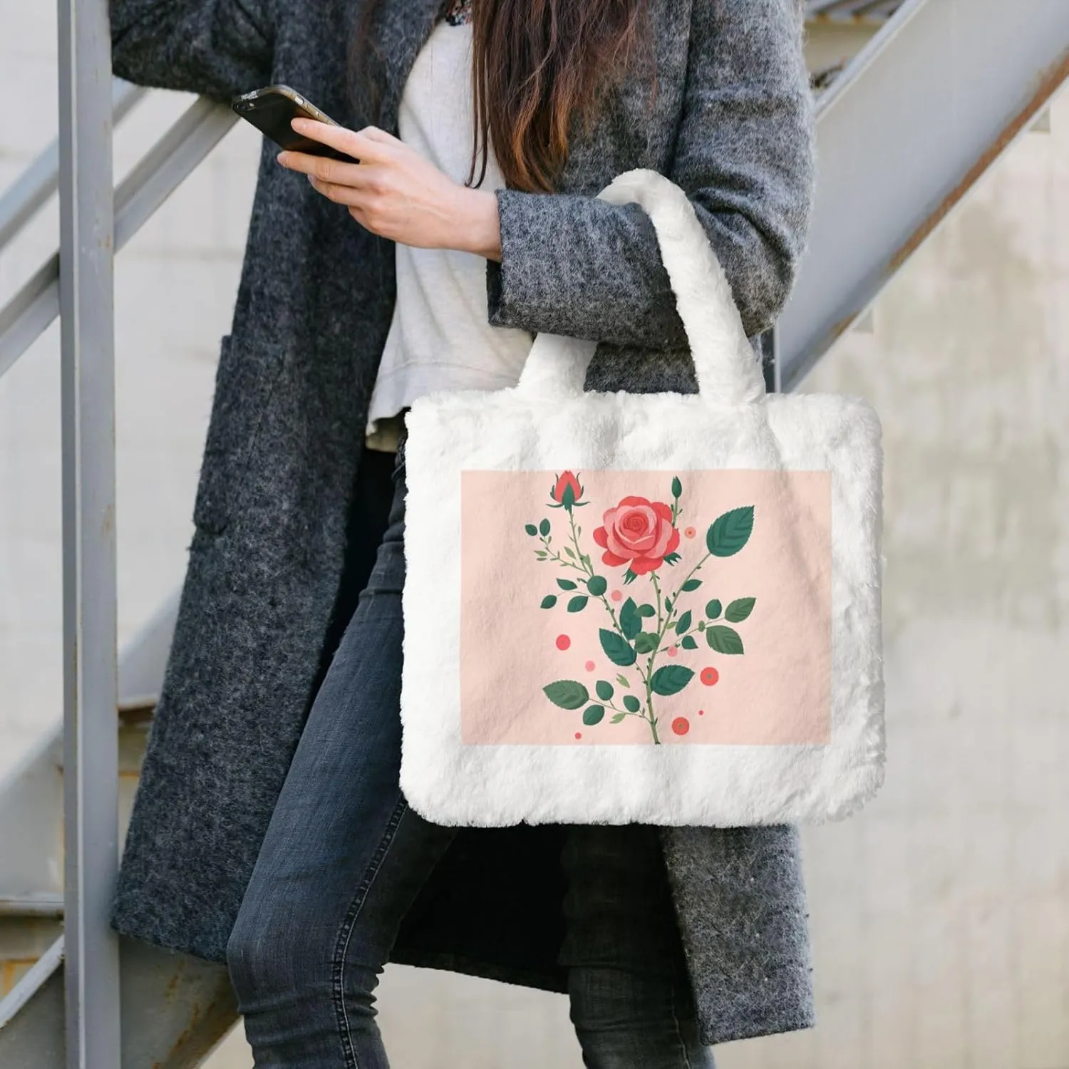 Tote Bag Shoulder Bag Flannel Faux Fur Tote Bag Handbag Fuzzy Bag White Tote Bag Purse