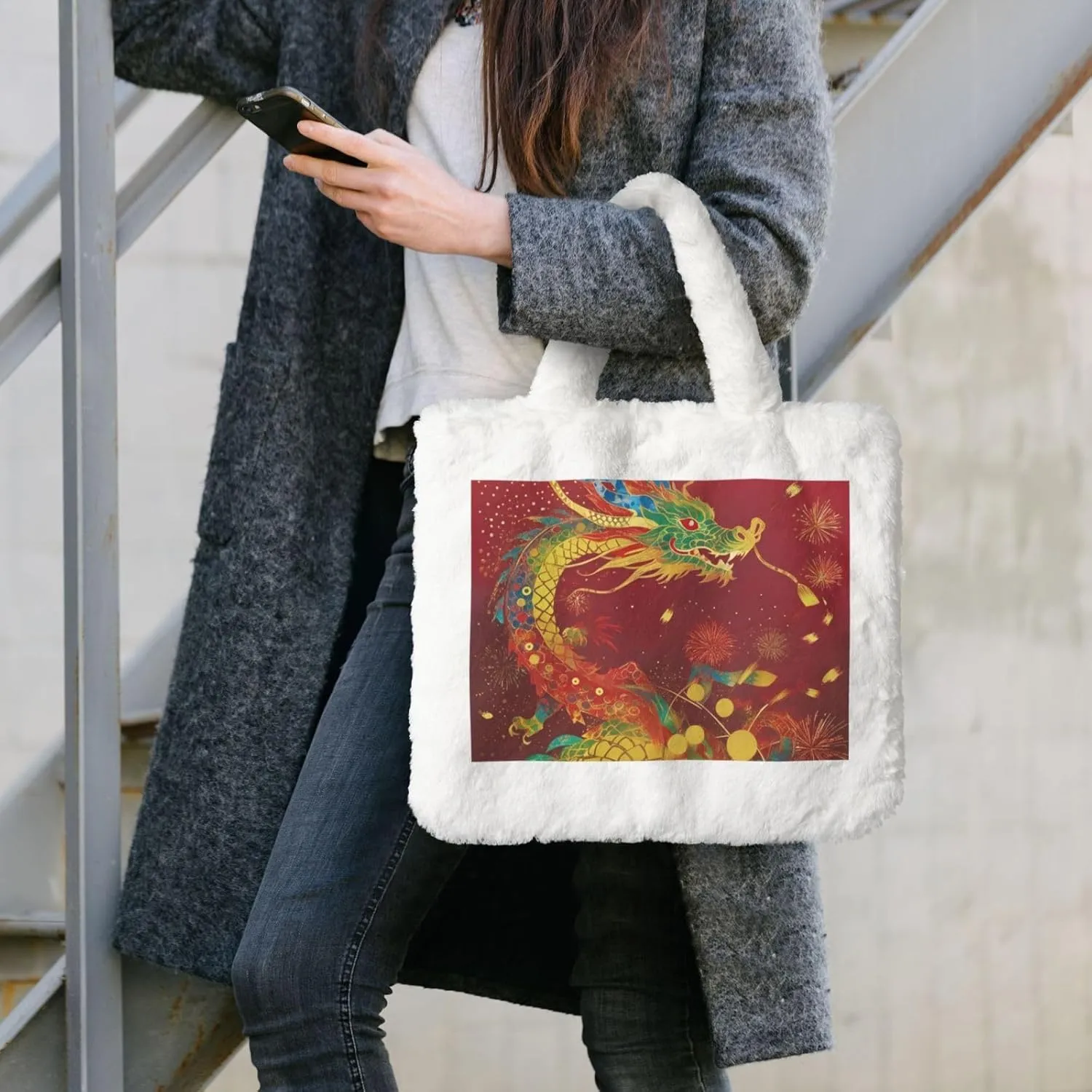 Tote Bag Shoulder Bag Flannel Faux Fur Tote Bag Handbag Fuzzy Bag White Tote Bag Purse