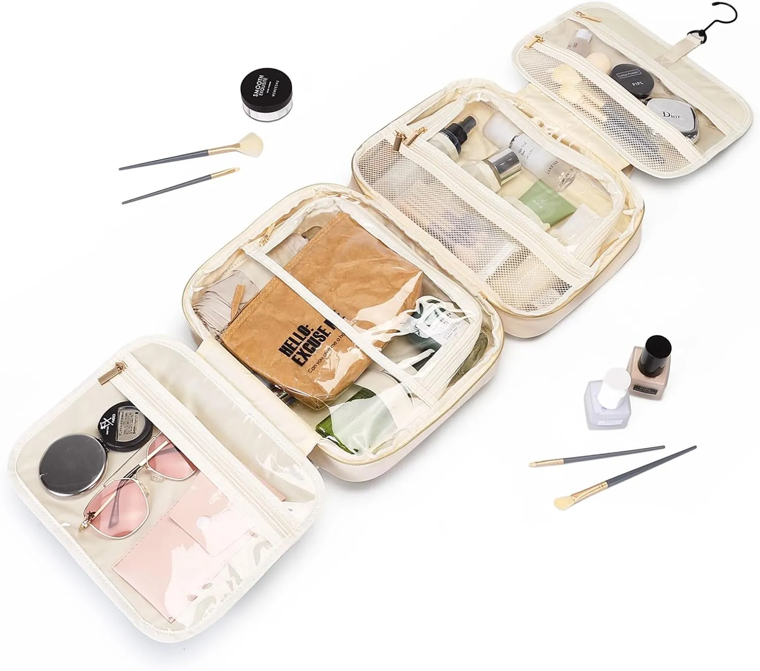 Travel Toiletry Makeup Bag for Women Hanging Toiletry Bag Cosmetic Organizer Make up Bags for Women Travel Makeup Essentials, Beige