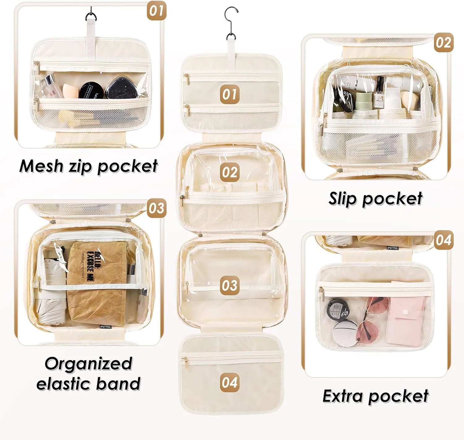 Travel Toiletry Makeup Bag for Women Hanging Toiletry Bag Cosmetic Organizer Make up Bags for Women Travel Makeup Essentials, Beige