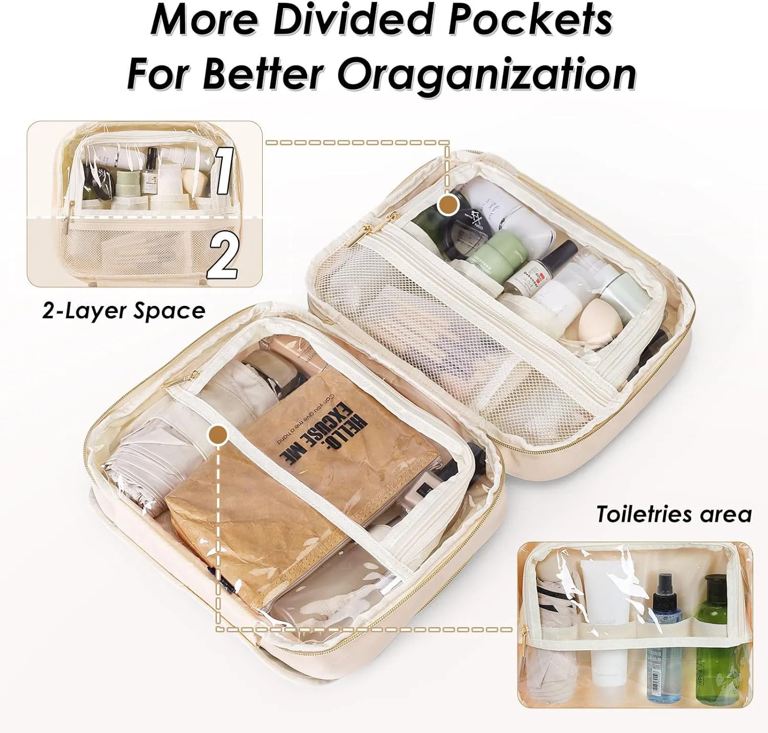 Travel Toiletry Makeup Bag for Women Hanging Toiletry Bag Cosmetic Organizer Make up Bags for Women Travel Makeup Essentials, Beige