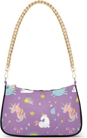 Unicorn Rainbow Fairy Wings Shoulder Bag for Women Fabric Crescent Handbag with Zipper Chain Clutch Purses for Teen Girls Travel Party Concert