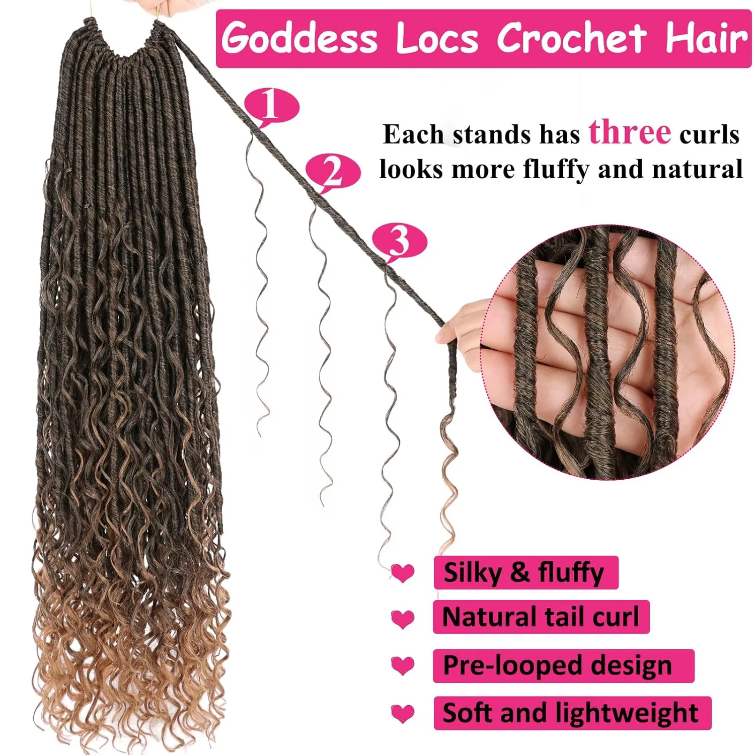 Unionbeauty Pre looped Goddess Locs Crochet Hair 9 Packs 24 Inch Boho Goddess Faux Locs Crochet Hair with Curly Ends Ombre Golden River Locs Crochet Braids Synthetic Crochet Hair Extensions T27#