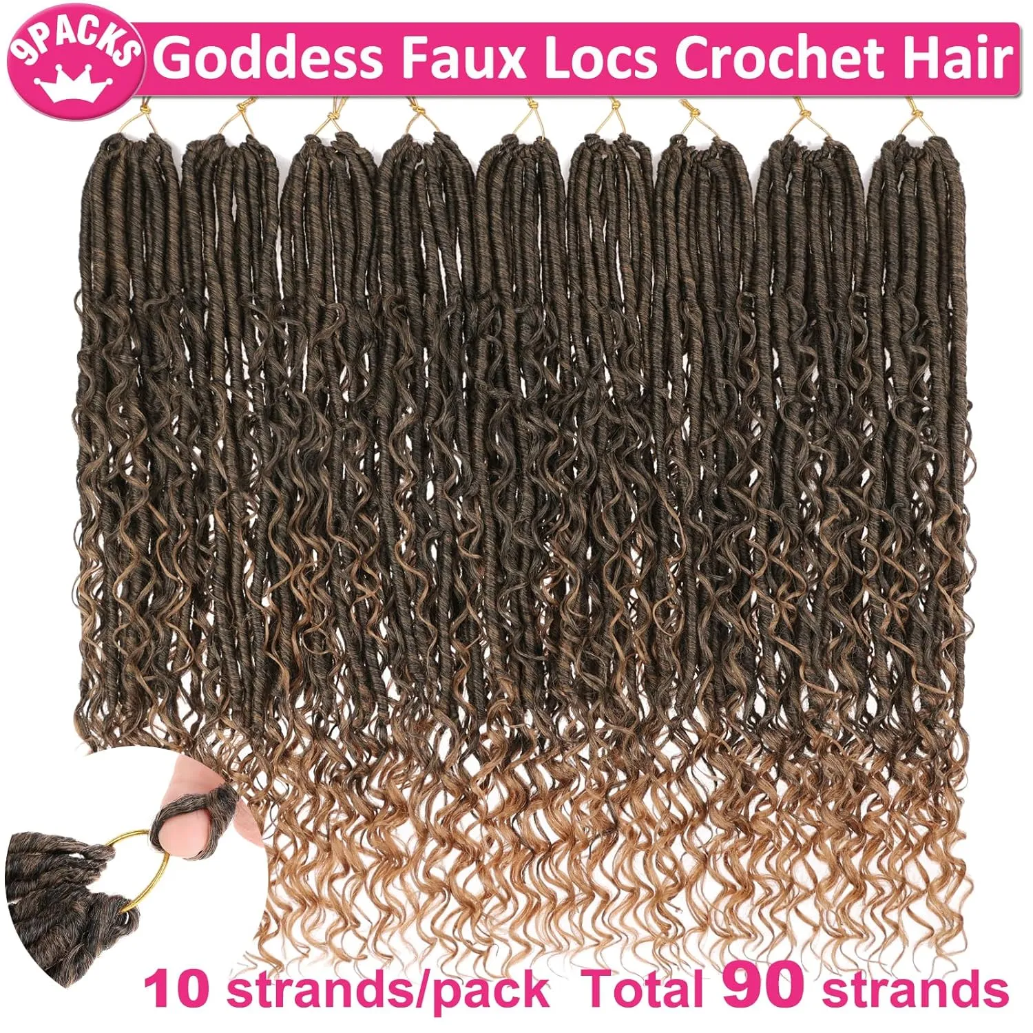Unionbeauty Pre looped Goddess Locs Crochet Hair 9 Packs 24 Inch Boho Goddess Faux Locs Crochet Hair with Curly Ends Ombre Golden River Locs Crochet Braids Synthetic Crochet Hair Extensions T27#