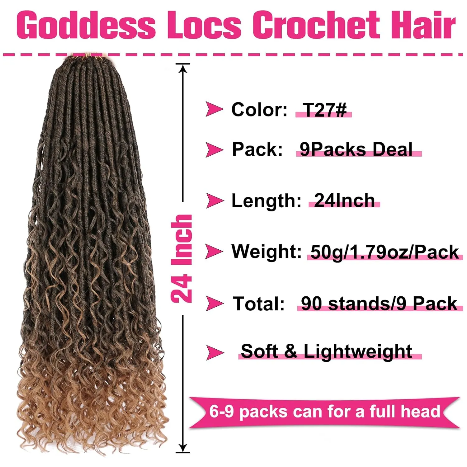 Unionbeauty Pre looped Goddess Locs Crochet Hair 9 Packs 24 Inch Boho Goddess Faux Locs Crochet Hair with Curly Ends Ombre Golden River Locs Crochet Braids Synthetic Crochet Hair Extensions T27#