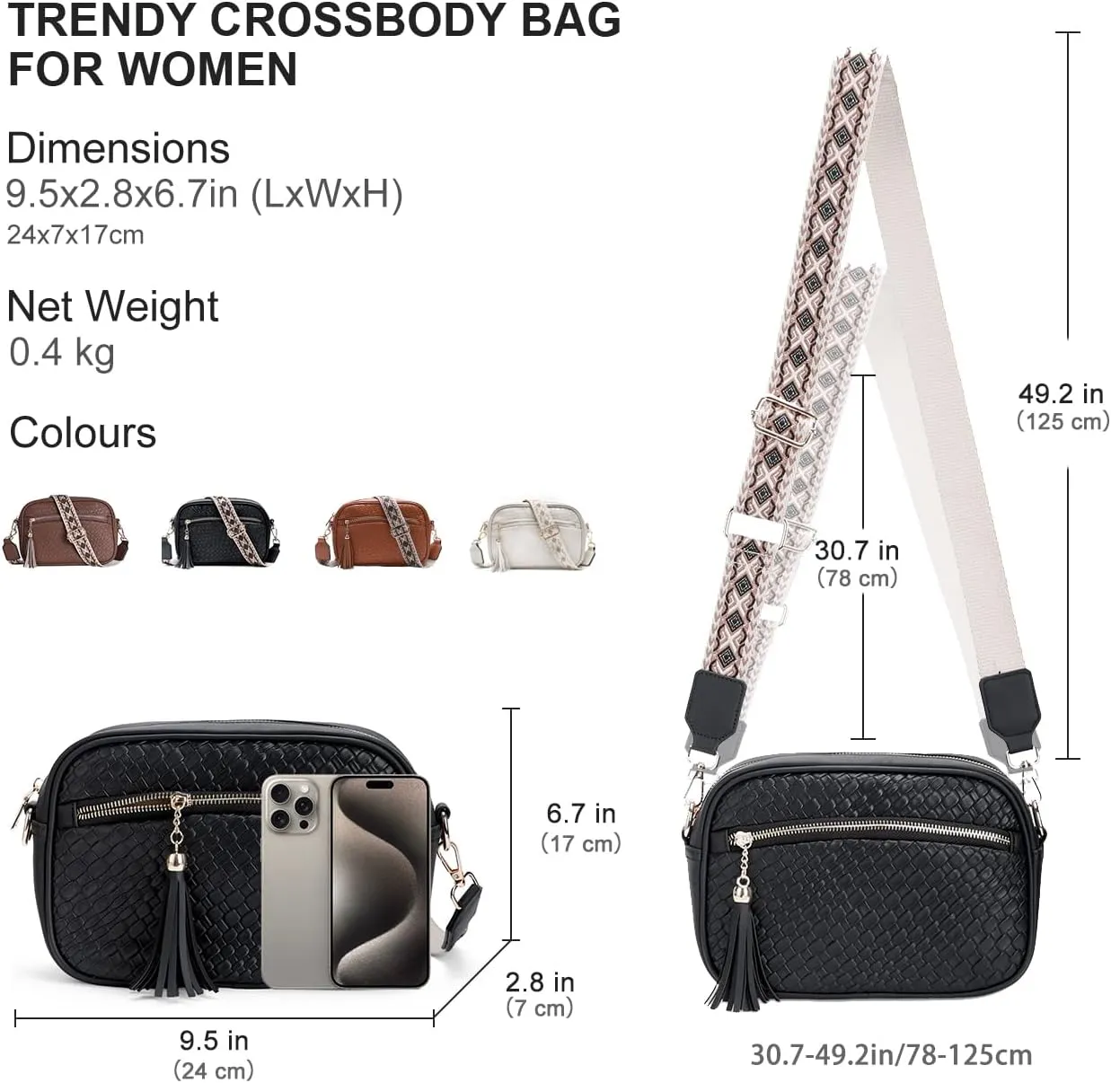 VASCHY Crossbody Purse Bags for Women, Trendy Vegan Leather Woven Small Crossover Shoulder Bag with Detachable Guitar Strap