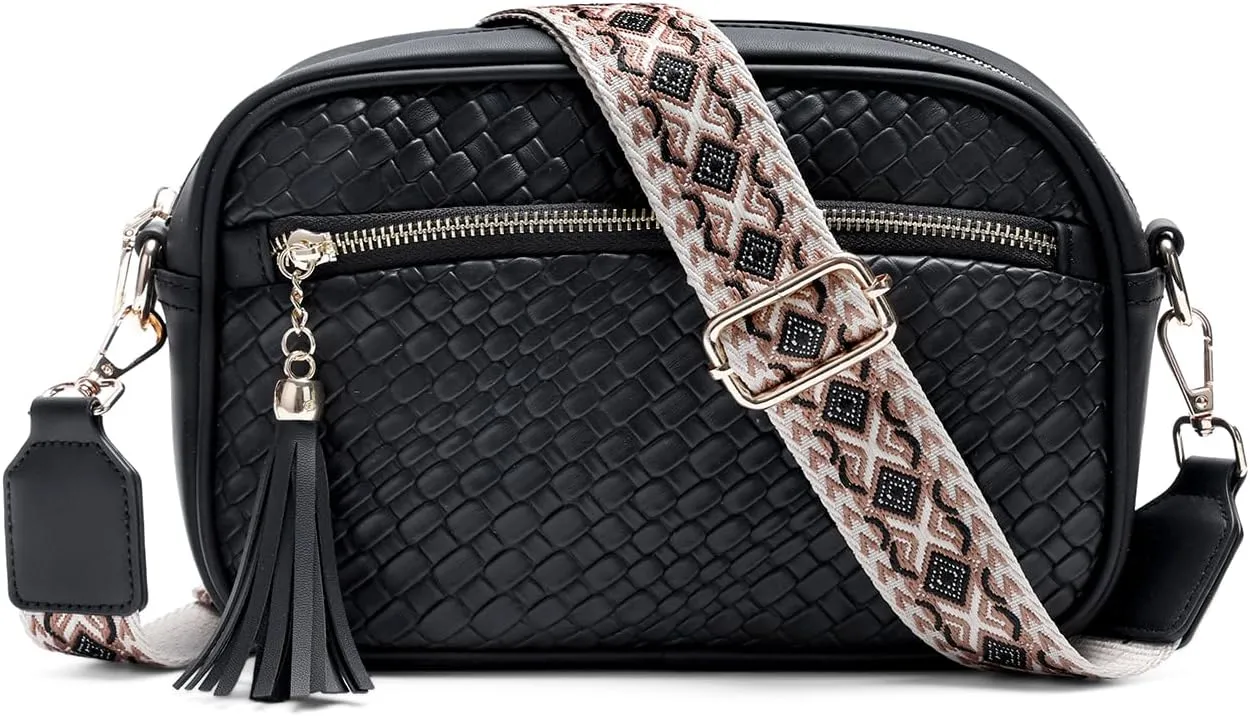 VASCHY Crossbody Purse Bags for Women, Trendy Vegan Leather Woven Small Crossover Shoulder Bag with Detachable Guitar Strap