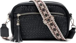 VASCHY Crossbody Purse Bags for Women, Trendy Vegan Leather Woven Small Crossover Shoulder Bag with Detachable Guitar Strap