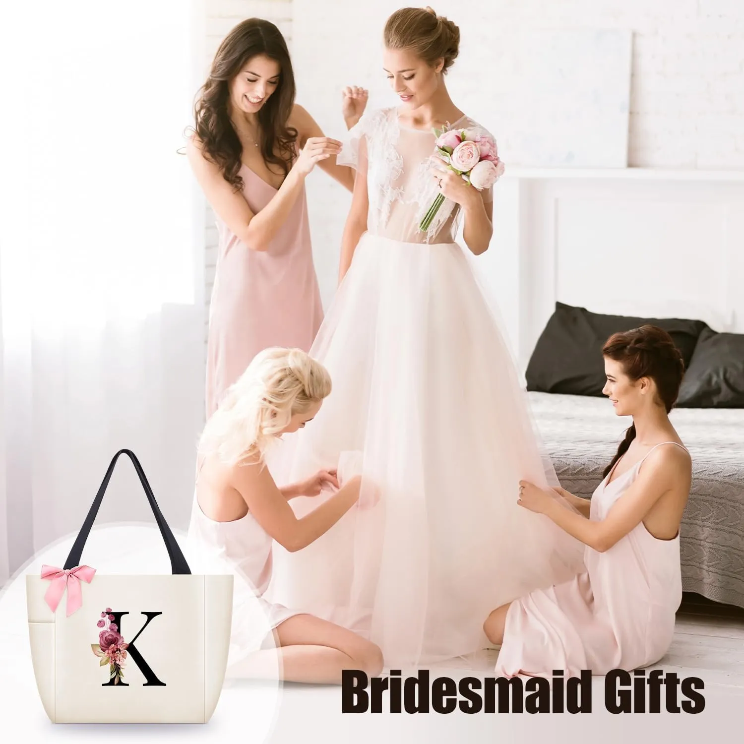 Vavabox Tote Bag, A-Z Initial Monogrammed Waterproof Tote Bag, Bridesmaid Gifts for Women, Black and Pink
