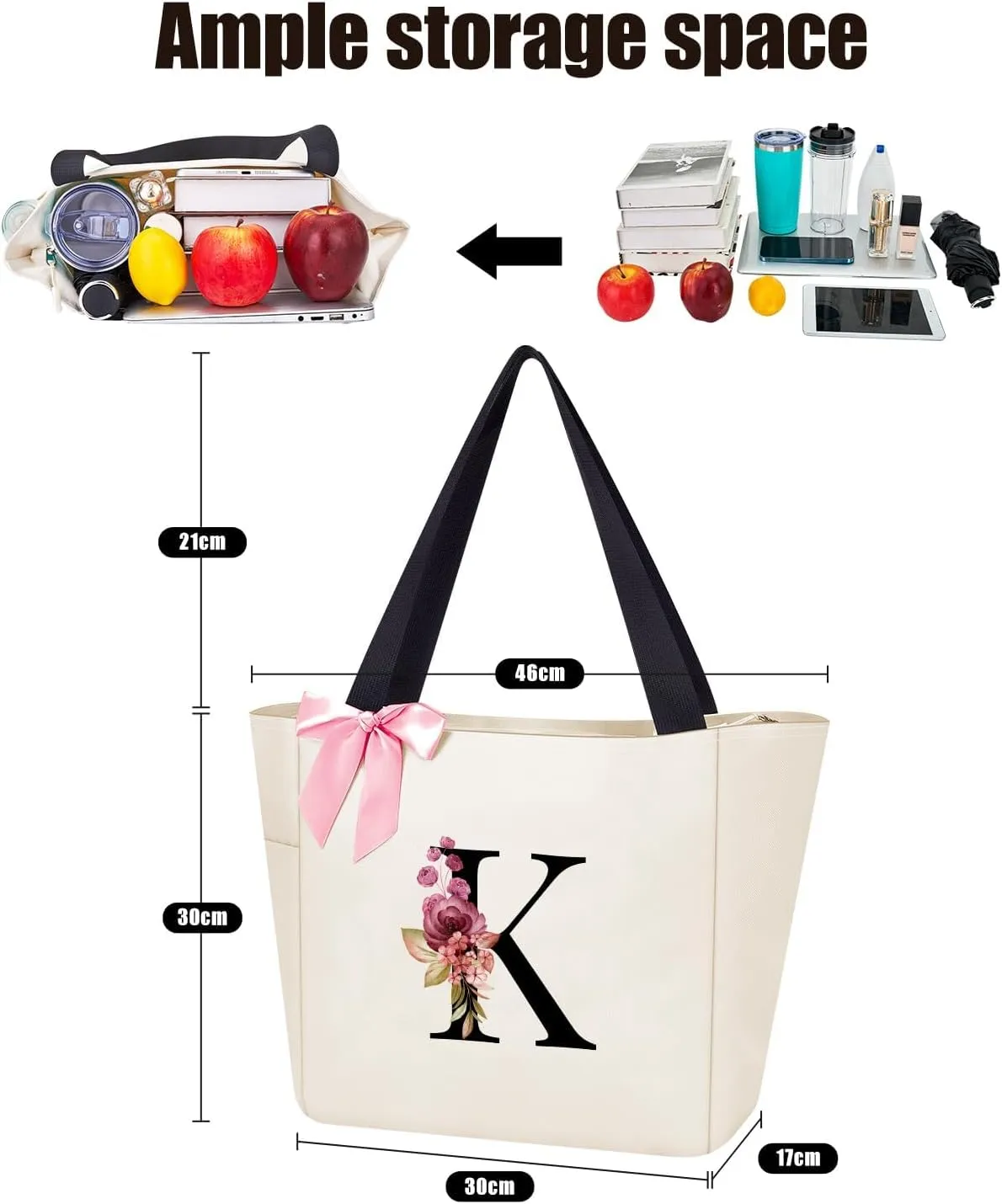 Vavabox Tote Bag, A-Z Initial Monogrammed Waterproof Tote Bag, Bridesmaid Gifts for Women, Black and Pink