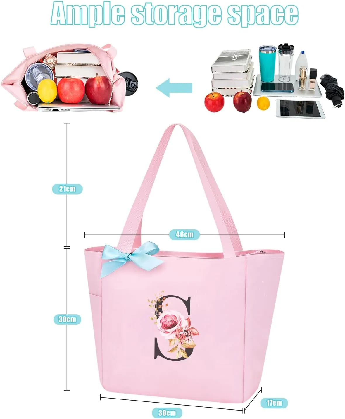 Vavabox Tote Bag, A-Z Initial Monogrammed Waterproof Tote Bag, Bridesmaid Gifts for Women, Black and Pink