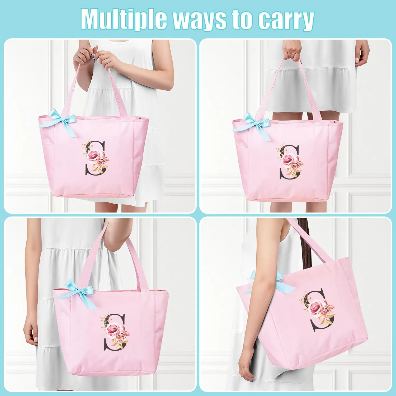 Vavabox Tote Bag, A-Z Initial Monogrammed Waterproof Tote Bag, Bridesmaid Gifts for Women, Black and Pink